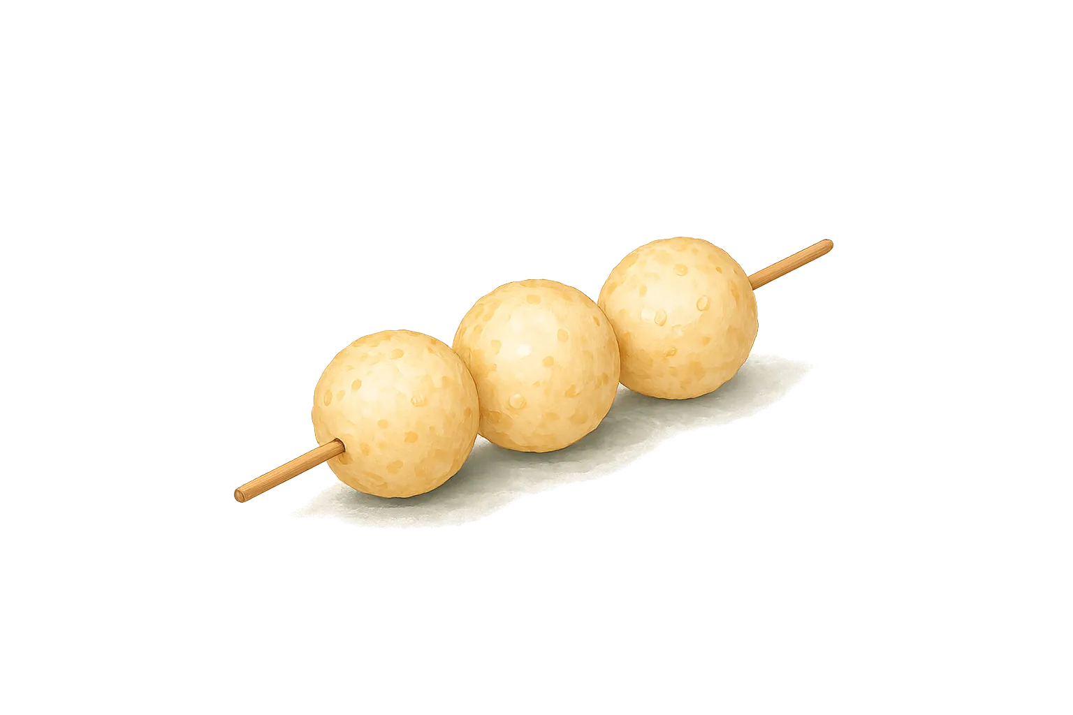 Three soft, hand-painted fishballs on a wooden skewer, with a single wisp of steam rising